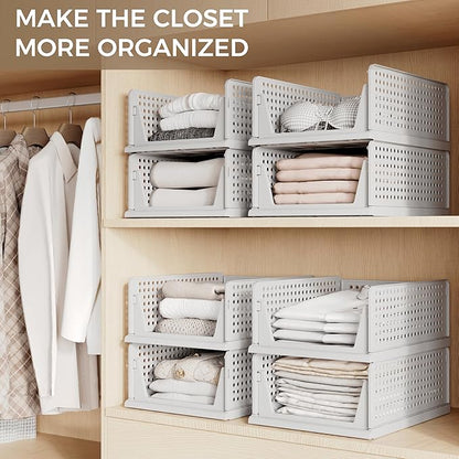 Pinkpum 8 Pack Closet Organizers and Storage Plastic Stackable Storage Bins, Foldable Drawer Shelf Storage Container for Wardrobe Kitchen Bathroom Dorm Grey