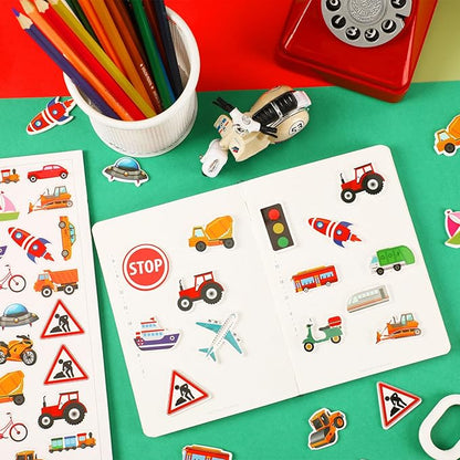 JULBEAR 300 Pieces Transportation Foam Stickers Bulk Self-Adhesive Cartoon Race Car Bus Vehicle Truck Stickers for Crafts Transportation Theme Party Favors Decoration School Reward DIY Supplies