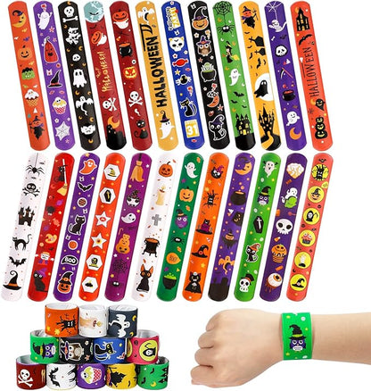 MGparty 72PCS Halloween Slap Bracelets 24 Halloween Theme Designs Spider Pumpkin Ghost Zombie Bat Witches Snap Bracelet for Kids Party Favors Toys Prizes Pinata Goodie Bags Fillers