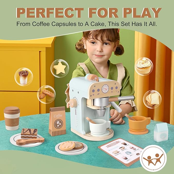 Kids Wooden Coffee Maker Toy, Wooden Play Kitchen Appliances & Accessories Toy for Kids Toddlers, Gift for Girls Boys