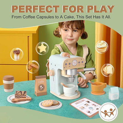 Kids Wooden Coffee Maker Toy, Wooden Play Kitchen Appliances & Accessories Toy for Kids Toddlers, Gift for Girls Boys
