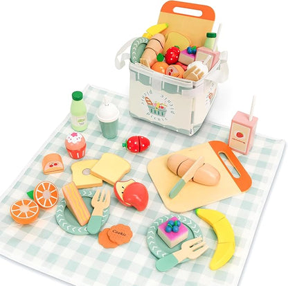 Picnic Playset - Wooden Play Food - Play Food Sets for Kids Kitchen - Pretend Food, Toy Food with Multifunctional Storage Bag, Non-Toxic Toy Picnic Set Best Gift for 3+ Toddlers
