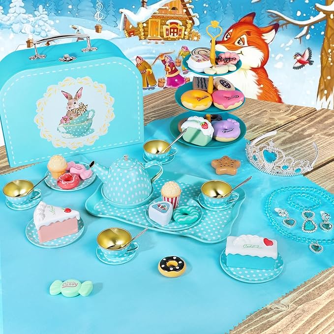 Tea Party Set for Little Girls, 49PCS Princess Tea Time Toys Including Tea Set Dessert Carrying Case, Kids Kitchen Pretend Playset (Bunny Tea Party Set Blue)