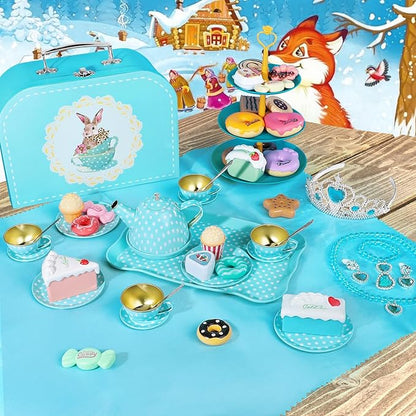 Tea Party Set for Little Girls, 49PCS Princess Tea Time Toys Including Tea Set Dessert Carrying Case, Kids Kitchen Pretend Playset (Bunny Tea Party Set Blue)