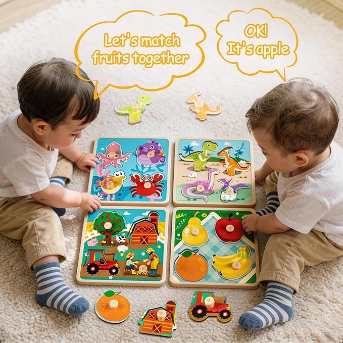 Wooden Toddler Puzzles - 4 Pcs Eco-Friendly Animal Patterns Jigsaw With Handles - Infant Kid Fine Motor Skill Learning Educational Montessori Toys for 1-3 Years Old