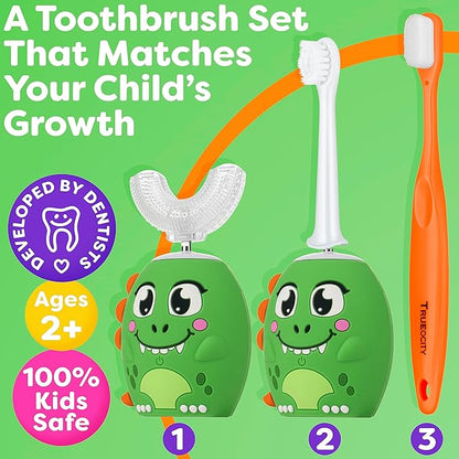Trueocity Kids Toothbrushes U Shape, Kids Automatic Toothbrush, Toddler Toothbrush U Shaped, U Toothbrush Kids, Auto Toothbrush, Rechargeable Electric Brush Age 2+, Children's Toothbrush (Dinosaur)