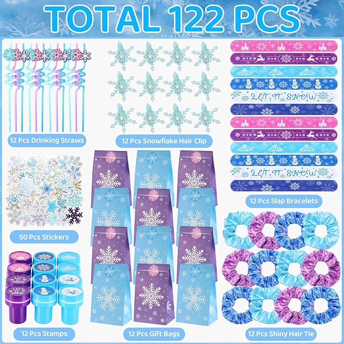 LiYiQ 122Pcs Winter Snow Themed Party Favors with Drinking Straws Slap Bracelets Stamps Stickers Hair Clip Hair Scrunchies Gift Bags for Kids Girls Snowflake Party Favors Baby Shower Party Supplies