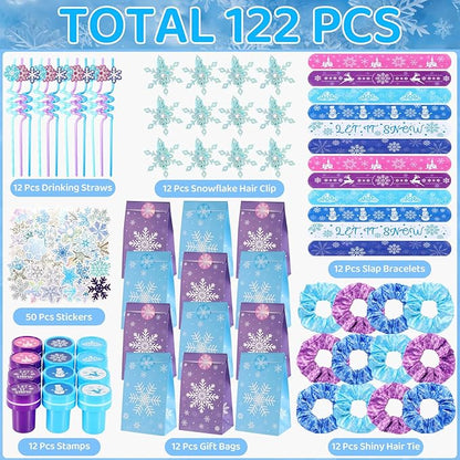 LiYiQ 122Pcs Winter Snow Themed Party Favors with Drinking Straws Slap Bracelets Stamps Stickers Hair Clip Hair Scrunchies Gift Bags for Kids Girls Snowflake Party Favors Baby Shower Party Supplies