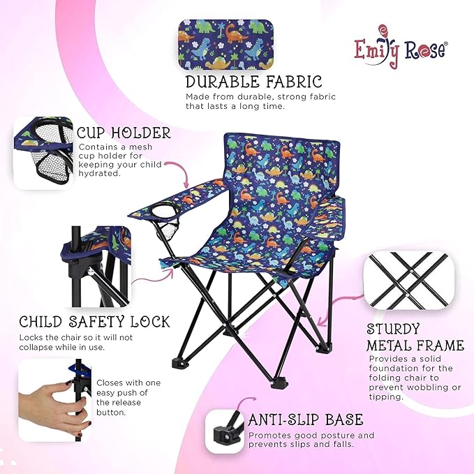 Emily Rose Kids Folding Chair | Beach Chair with Safety Lock- Camping Chair for Boys Girls Toddler with Cup Holder & Carry Case- Tailgate, Travel, Lawn- for Indoor & Outdoor (Playful Dinosaurs)