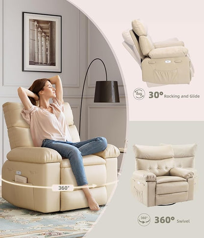 Electric Recliner Chair - 360° Rocker Swivel Recliner with Heat and Massage, PU Leather Large Power Recliner for Adults, Comfortable Lazy Chair with 1.5X Sponge Filling for Living Room