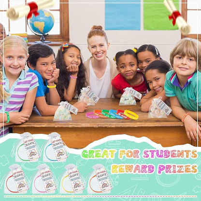 Liliful 72 Pcs Motivational Wristbands Gifts Set for Students, Back to School Gifts Colored Inspirational Silicone Bracelets with Inspirational Cards Organza Bags Classroom Goodie Bag Fillers