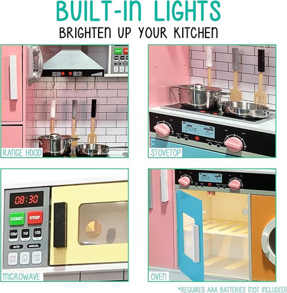 Lil’ Jumbl Kids Colorful Kitchen Set, Pretend Wooden Play Kitchen, Battery Operated Icemaker, Microwave, Range Hood, Stove Top, Oven, with Realistic Sound & Lights, Pots, Pan, & Utensils Included