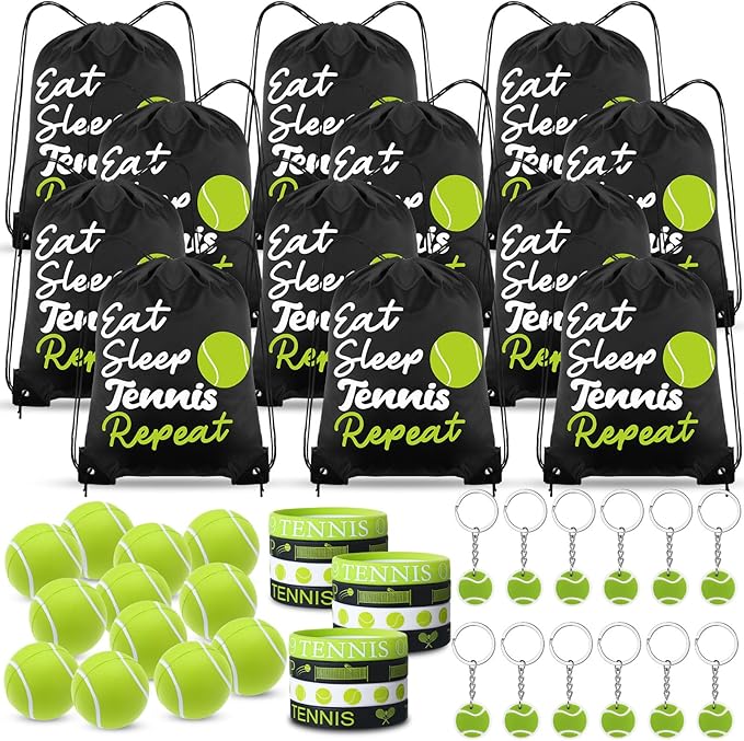 48 Pcs Tennis Party Favors for Kids Include 12 Tennis Drawstring Bags, 12 Tennis Keychain, 12 Silicone Tennis Bracelets, 12 Mini Stress Ball for Sports Birthday Supplies Decorations