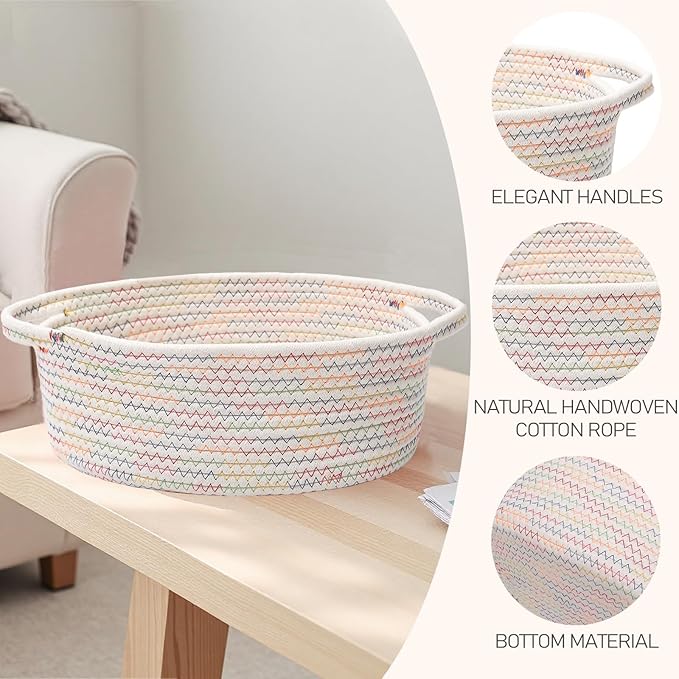JMvicyroam Woven Basket,Small Rope Storage Bin with Handles & Ribbon Bag, Organizer for Shelves Closets,Gift Basket Empty for Birthday,Books,Dog Toys, Colorful