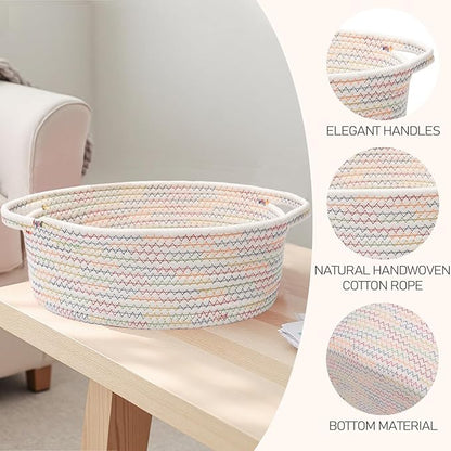 JMvicyroam Woven Basket,Small Rope Storage Bin with Handles & Ribbon Bag, Organizer for Shelves Closets,Gift Basket Empty for Birthday,Books,Dog Toys, Colorful