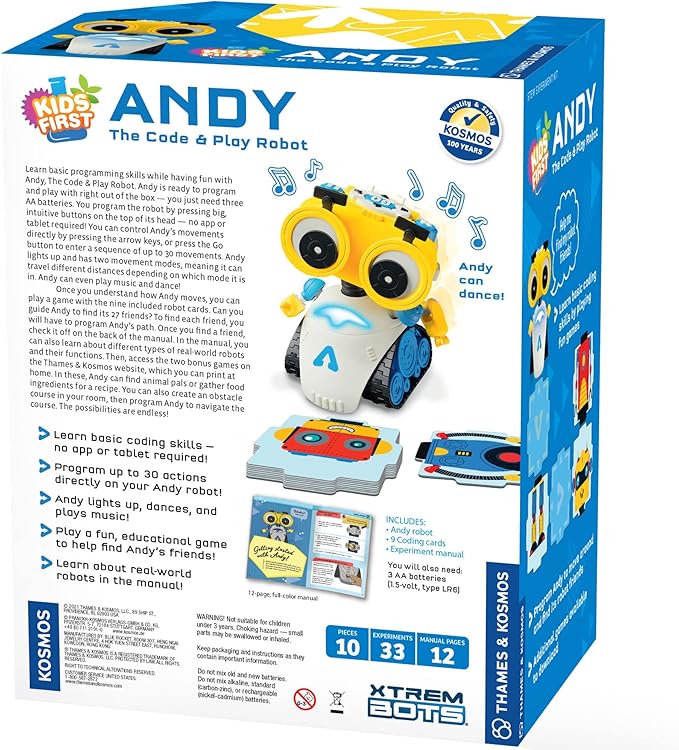 Thames & Kosmos Andy: The Code & Play Robot | Screen-Free Coding & Robotics Kit for Ages 4+ | Pre-Built Robot w/Intuitive Buttons for Preschoolers to Start Programming! | No Smart Device Required