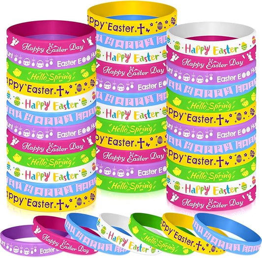 NEBURORA 48 Pcs Easter Rubber Bracelets Bunny Rabbit Egg Chick Flower Carrot Silicone Wristbands for Spring Happy Easter Party Favors Baskets Stuffers Egg Fillers