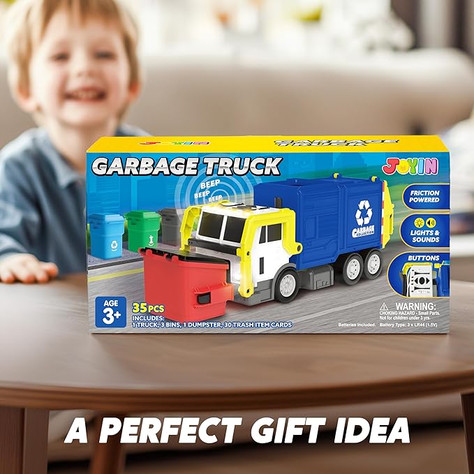 JOYIN Large Friction Powered Garbage Truck Toy Set, Includes 1 Dumpster, 3 Trash Bins, and 30 Learning Cards for Kids, Blue