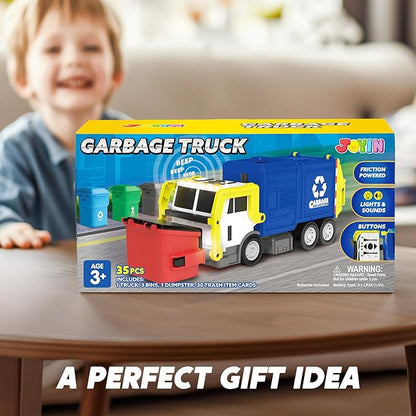 JOYIN Large Friction Powered Garbage Truck Toy Set, Includes 1 Dumpster, 3 Trash Bins, and 30 Learning Cards for Kids, Blue
