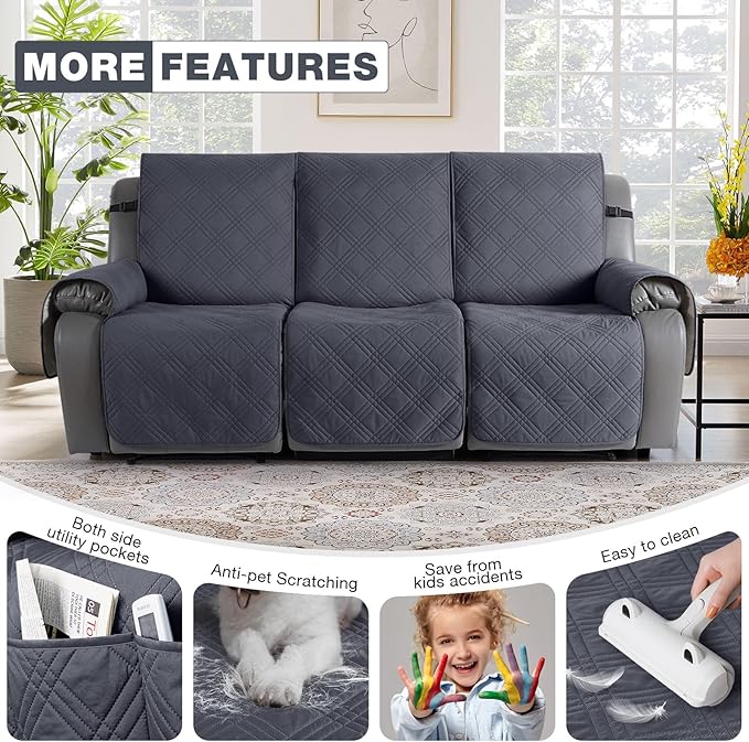 TAOCOCO Waterproof Recliner Sofa Cover Couch Cover for Reclining Couch 3 Seat Non-Slip Split Sofa Slipcover 3-Pieces with Straps, Washable Reclining Sofa Cover for Kids Pets(3 Seater, Dark Grey)