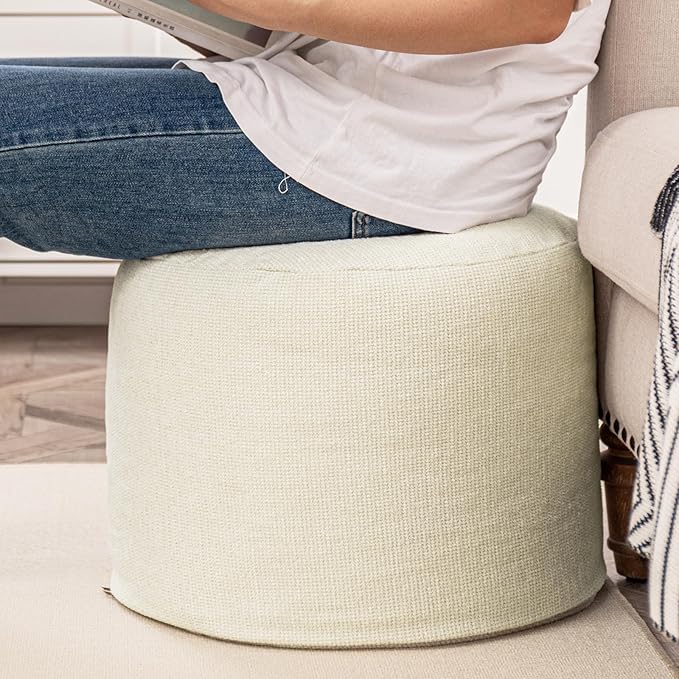 Sturdy Boucle Pouf Ottoman Foot Rest Nice Living Room Decor Lightweight Ottoman Pouf Filler Comfort Pouf Cover Modern Foam Stuffed Poof Perfect to Rest Your Feet No Need Assemble Ivory