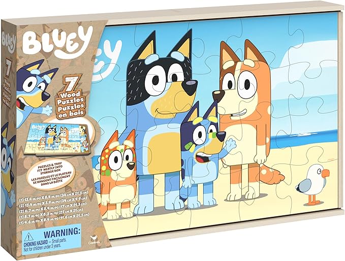 Bluey, 7 Wood Puzzles Jigsaw Bundle 12-Piece 16-Piece 24-Piece Easy Cartoon Disney Jr. Show with Storage Tray, for Kids Ages 4 and up