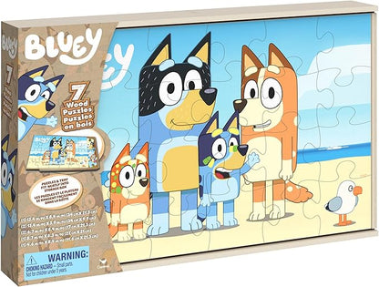Bluey, 7 Wood Puzzles Jigsaw Bundle 12-Piece 16-Piece 24-Piece Easy Cartoon Disney Jr. Show with Storage Tray, for Kids Ages 4 and up
