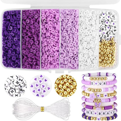 Purple Clay Beads, Purple Beads for Jewelry Making, 5000Pcs Heishi Beads for Friendship Bracelets Making Kit with Charms Letter Gold Beads, Party Birthday DIY Crafts for Women(6mm, 5 Colors)