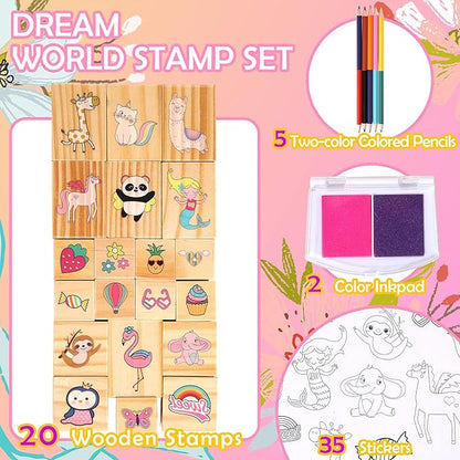 Unicorn Wooden Stamp and Sticker Set for Girls, Unicorn, Mermaid, Panda, Alpaca, Sloth, Cats, Rainbow, Butterfly Stamps, Activity Craft Set for Girls Boys Kids Gift Ages 4 5 6 7 8 9 10 Years Old