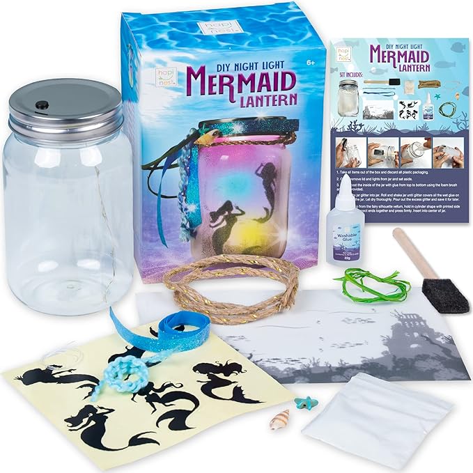 Hapinest DIY Night Light Mermaid Lantern Jar, Mermaid Lamps for Girls Bedroom, Make Your Own Mermaid Night Lights for Girls, Toy Art Kit Mermaid Crafts for Girls Ages 6-8 8-10 Years Old & Up