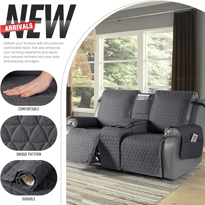 TAOCOCO 100% Waterproof Recliner Cover -Loveseat Recliner Cover with Center Console,Non-Slip Reclining Couch Covers for 2 Seat,with Elastic Straps Pocket for Kids, Dogs(Black Gray, 2 Seater XL)