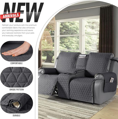 TAOCOCO 100% Waterproof Recliner Cover -Loveseat Recliner Cover with Center Console,Non-Slip Reclining Couch Covers for 2 Seat,with Elastic Straps Pocket for Kids, Dogs(Black Gray, 2 Seater XL)