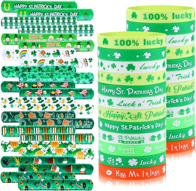 xutengy 48PCS St. Patricks Day Party Favors Accessory，Rubber Bracelets Silicone Wristbands for Party Supplies Shamrock Rubber Bracelets for kids teens Gifts Holiday