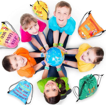 Frienda 10 Sets Christian Gift Bags Bulk Bible Verse Drawstring Bags with Jesus Slap Bracelets Religious Party Favors Gifts Jesus Loves You for Sunday School Classroom Prizes Party Supplies(Classic)