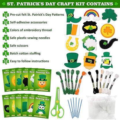 CiyvoLyeen St. Patrick's Day Craft Kids Sewing Kit Fun Saint Paddy's Day Felt DIY Craft Sewing for Girls and Boys Beginners Includes 12 Projects Clover Shamrock Ornaments Irish Education Gift Ideas