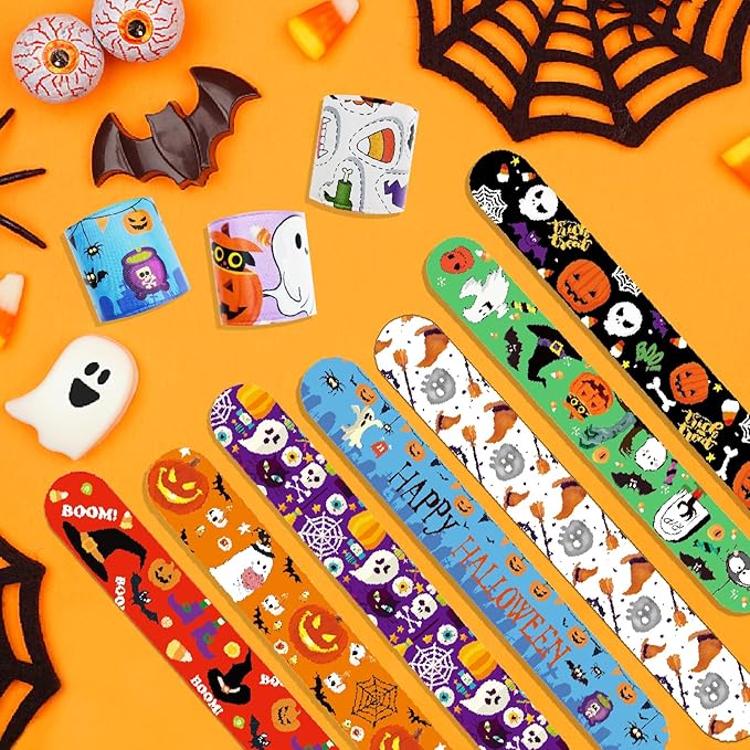 Viicoor 48 PCS Slap Bracelets Halloween Snap Bracelet Wrisrtband for Party Favors School Prizes Halloween Exchanging Gifts Goodies Bulk (15-Halloween-48PCS)