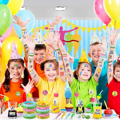 98 PCS Running Party Favors, Running Temporary Tattoos Badges Stickers Silicone Bracelets Keychains for Running Marathon Sport Birthday Party Decorations Supplies Gifts for Runners Kids Teens