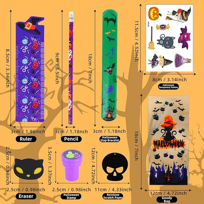 192 Pcs 24 Pack Assorted Halloween Stationery, Party Favors for Kids, Goodie Bags Stuffers Set Including Pencils, Rulers, Stamps and Erasers in Trick or Treat Bags