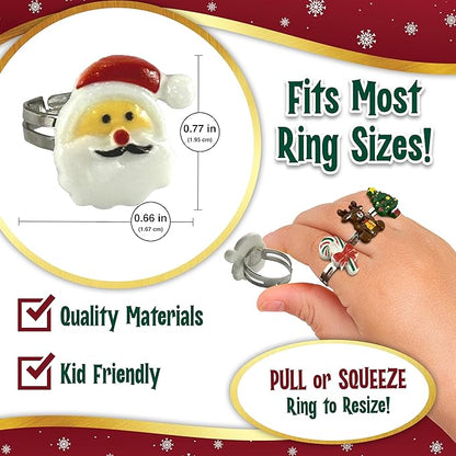 Christmas Stocking Stuffers Jewel Rings for Kids, Set of 10 Christmas-Themed Adjustable Holiday Dress-Up Rings for Girls in Christmas Tree Gift Box, Christmas Gift for Girls Age 3 4 5 6 7 8 and Up