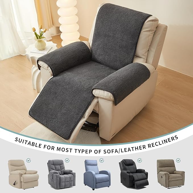 vctops Sherpa Fleece Recliner Chair Cover Super Soft Warm Plush Sofa Slipcover Furniture Protector Non Slip Washable Reclining Chair Cover for Kids, Pets (Dark Grey,22"x82")