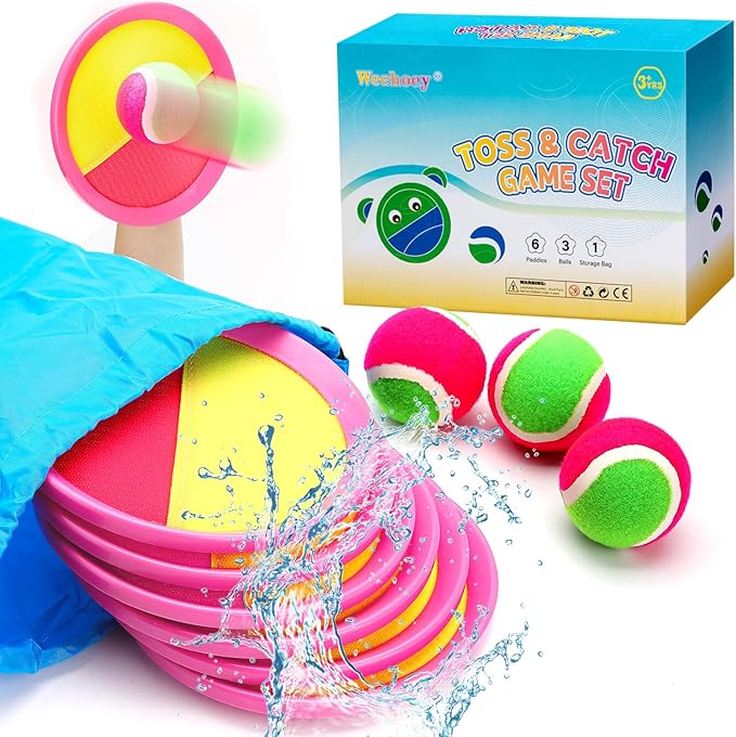 Weehoey Toss and Catch Ball Set for Girls – 6 Paddles 3 Balls Pink Outdoor Game for Kids Ages 3-10, Birthday Gift, Christmas Toys, Holiday Present, Party Favor, Backyard Indoor Toy