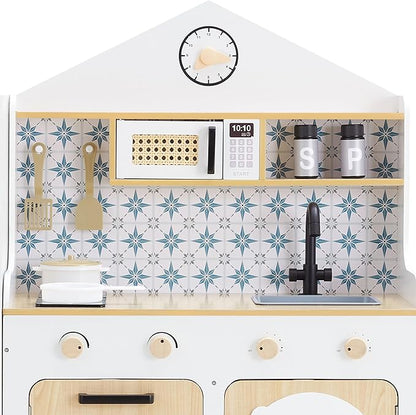 Teamson Kids Little Chef Morocco Play Kitchen with Chalkboard, Ice Dispenser, and 11pc. Accessory Set, White/Natural