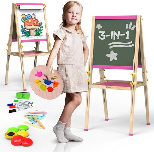 JOYOOSS Easel for Kids Art Easel Kids Easels for Toddlers Easel for 2 Year Old, Dual-Sided Adjustable Wooden Easel Magnetic Board for Kids Easel for Toddlers 2-4 Years and Art Easel for Kids Ages 4-8