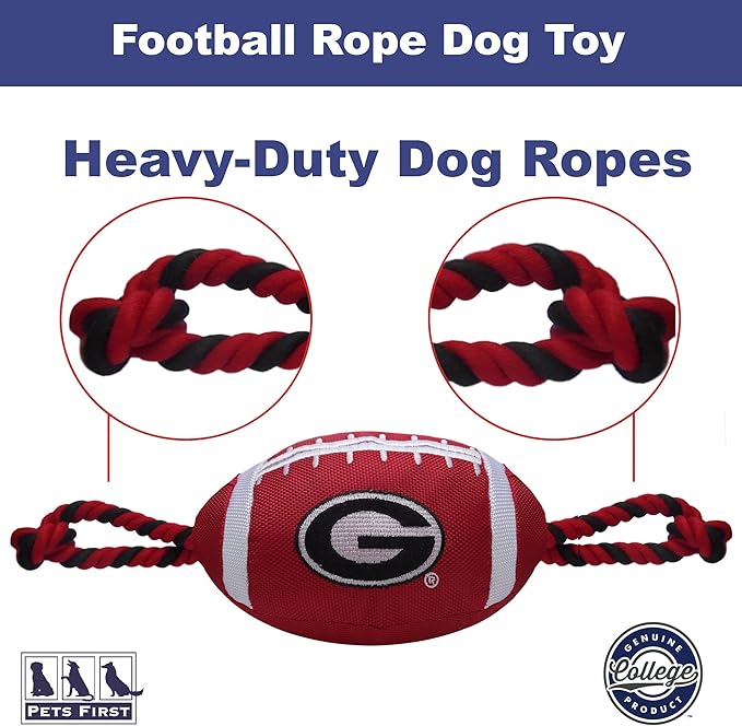 Pets First NCAA Georgia Bulldogs Football Dog Toy, Tough Quality Nylon Materials, Strong Pull Ropes, Inner Squeaker, Collegiate Team Color