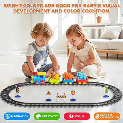 Train Set for Toddlers w/Steam, Music & Lights - Electric Train Toy for Kids with Tracks Accessories, Includes 3 Animals Car : Lion Gorilla and Elephant, Best Gifts for 1-3 4 5 6+ Years Old Boys Girls