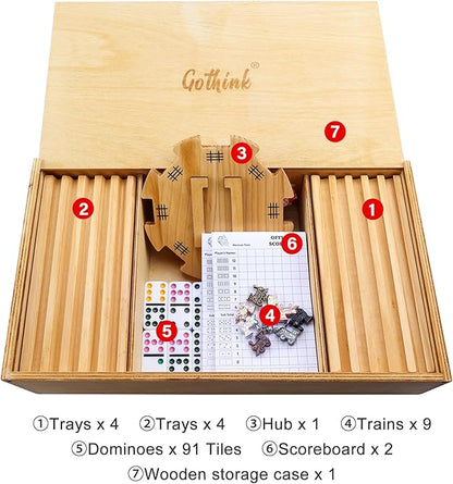 GOTHINK Mexican Train Dominoes Set, 91 Tiles Double 12 Dominos Set for Adults and Family, with Wooden Trays*8, Metal Trains*9, Wooden Hub & Scoreboards, Dominoes Tile Board Game in Storage Case Games
