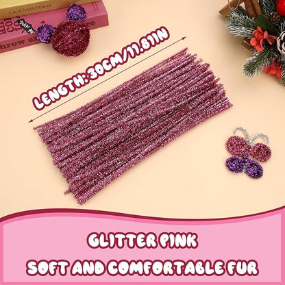 Hssugi Pipe Cleaners, 100PCS Christmas Pipe Cleaners Craft Supplies, Glitter Pink Pipe Cleaners Bulk Fuzzy Sticks for DIY Art and Craft Projects Home Decoration