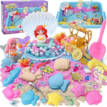 G.C Mermaid Sensory Bin for Girl Kid Toy, 103pcs Play Sand Art Kit with Sandbox/2lb Color Sand/6 Molds/Treasure Box/Shell, Ocean Sensory Toy Christmas Birthday Gift for Girl Toddler Ages 3 4 5 6 7 8