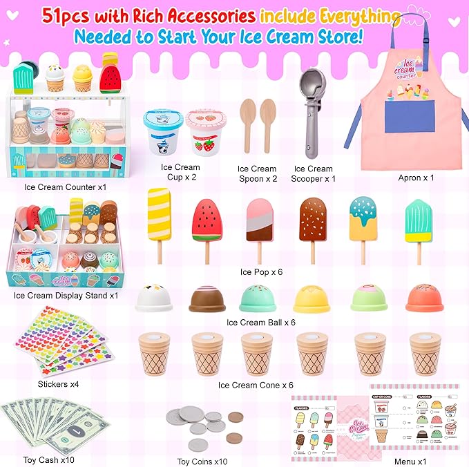 Meland Ice Cream Toy - Wooden Ice Cream Play Set with Aprons, Kids Toys for Toddlers Pretend Play, Toys for Girls Boys 3 4 5 6 7 Years Old Wooden Toys Play Store Playset for Kids Children Gift