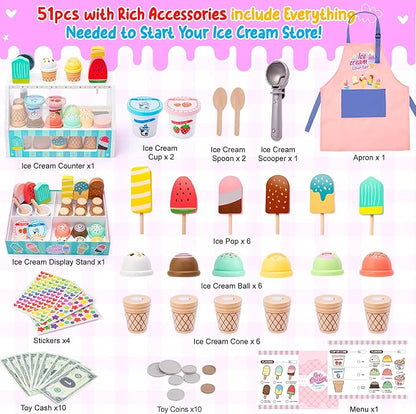 Meland Ice Cream Toy - Wooden Ice Cream Play Set with Aprons, Kids Toys for Toddlers Pretend Play, Toys for Girls Boys 3 4 5 6 7 Years Old Wooden Toys Play Store Playset for Kids Children Gift